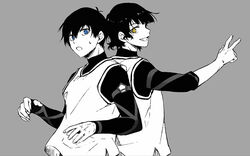  2boys :d bachira_meguru back-to-back blue_eyes blue_lock commentary_request grey_background gym_uniform hair_between_eyes isagi_yoichi male_focus monochrome multiple_boys open_mouth short_hair simple_background smile spot_color tarou_(run) yellow_eyes 