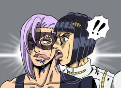  ! !! 2boys black_eyes black_hair bob_cut bruno_bucciarati collarbone commentary_request domino_mask highres jojo_no_kimyou_na_bouken male_focus mask melone multiple_boys open_mouth pink_hair shideboo_(shideboh) spoken_exclamation_mark sweat tongue tongue_out vento_aureo yaoi 