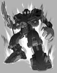  absurdres bionicle glowing glowing_eyes grey_background greyscale highres holding holding_weapon humanoid_robot jeetdoh kanohi_(bionicle) looking_down monochrome no_humans open_hands robot staff teridax the_lego_group weapon white_eyes 