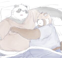  2023 absurd_res ailurid anthro bari_mu bear bed bedding belly big_belly black_body blanket blush clothing duo furniture giant_panda hi_res kemono lying male male/male mammal overweight overweight_male pillow red_panda shirt topwear white_body 