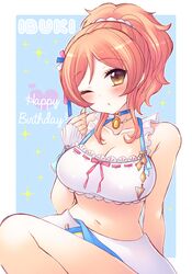  bare_shoulders bikini blue_background blue_choker blush breasts brown_eyes brown_hair character_name choker cleavage collarbone commentary_request crop_top female go_to_paradise_(idolmaster) hand_up happy_birthday head_tilt heart high_ponytail highres idolmaster idolmaster_cinderella_girls komatsu_ibuki medium_breasts one_eye_closed parted_lips pocopoco ponytail solo sparkle swimsuit two-tone_background white_background white_bikini wrist_cuffs 