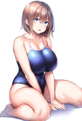  barefoot blue_eyes blue_one-piece_swimsuit breasts brown_hair collarbone commentary_request eyes_visible_through_hair female highres huge_breasts looking_at_viewer one-piece_swimsuit original short_hair simple_background sitting solo swimsuit thick_thighs thighs tsukumiya_amane wariza white_background 