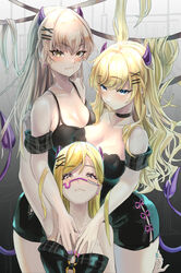  3girls absurdres alternate_costume arm_up bad_id bad_pixiv_id bare_shoulders black_choker black_dress black_ribbon blonde_hair blue_eyes blush breasts choker cleavage collarbone demon_tail detached_sleeves dress fujima_(k114) fujimoto_rina grey_background hair_ornament hairclip highres horns idolmaster idolmaster_cinderella_girls jougasaki_mika large_breasts long_hair looking_at_viewer multiple_girls nail_polish ohtsuki_yui pink_nails purple_nails ribbon shiny_skin tail x_hair_ornament 