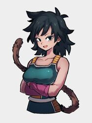  black_eyes black_hair collarbone commentary crossed_arms dragon_ball dragon_ball_super dragon_ball_super_broly female gine grey_background kemachiku looking_at_viewer monkey_tail open_mouth saiyan short_hair simple_background smile solo tail 