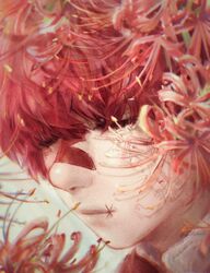  1boy bandaid bandaid_on_face bandaid_on_nose close-up closed_eyes commentary flower fukase highres male_focus misu_(stepforme) portrait realistic red_flower red_hair scar scar_on_face scar_on_mouth solo spider_lily vocaloid 