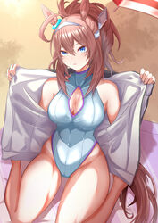  absurdres adapted_costume animal_ears blue_eyes breasts brown_hair casual_one-piece_swimsuit cleavage cleavage_cutout clothing_cutout commentary_request eve_on_k female full_body hairband highres horse_ears horse_girl horse_tail jacket large_breasts long_hair looking_at_viewer md5_mismatch mihono_bourbon_(umamusume) one-piece_swimsuit open_clothes open_jacket ponytail sitting swimsuit tail umamusume wariza white_jacket white_one-piece_swimsuit 