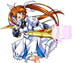  black_gloves blouse bracer brown_hair commentary_request cropped_jacket female fingerless_gloves gloves hair_ribbon jacket juliet_sleeves leg_up long_hair long_sleeves looking_to_the_side lyrical_nanoha magical_girl mahou_shoujo_lyrical_nanoha_strikers medium_skirt open_mouth puffy_sleeves purple_eyes raising_heart raising_heart_(blaster_bit) ribbon san-pon shirt simple_background skirt smile solo standing standing_on_one_leg takamachi_nanoha takamachi_nanoha_(exceed_mode) very_long_hair white_background white_jacket white_legwear white_shirt white_skirt 