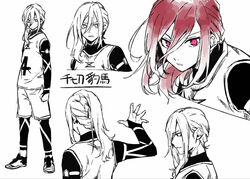  1boy asymmetrical_hair blue_lock chigiri_hyoma commentary_request full_body gym_uniform hair_between_eyes long_hair male_focus monochrome multiple_views parted_lips pink_eyes red_hair spot_color tarou_(run) translation_request upper_body white_background 