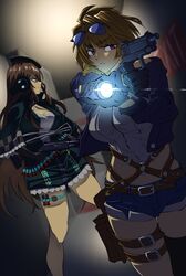  2girls benelli_m4 breasts brown_hair eyewear_on_head flashlight girls&#039;_frontline gloves grizzly_mkv_(girls&#039;_frontline) grizzly_win_mag gun handgun hat highres holding holding_gun holding_weapon holster indoors jacket kimuwaipu large_breasts long_hair m1014_(girls&#039;_frontline) multiple_girls purple_eyes short_hair shorts shotgun sunglasses weapon wide_sleeves 