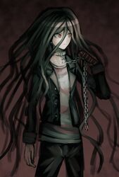  1boy bad_id bad_pixiv_id black_hair chains collar cosplay danganronpa_(series) danganronpa_another_episode:_ultra_despair_girls expressionless eyes_visible_through_hair gloves hair_between_eyes holding holding_chain jacket kamukura_izuru komaeda_nagito komaeda_nagito_(cosplay) komatsuzaki_rui_(style) long_hair long_sleeves looking_away male_focus messy_hair official_style open_clothes open_jacket oven_mitts red_background red_eyes servant_(danganronpa) servant_(danganronpa)_(cosplay) shirt single_glove solo spoilers standing striped_clothes striped_shirt very_long_hair wamigakiko 