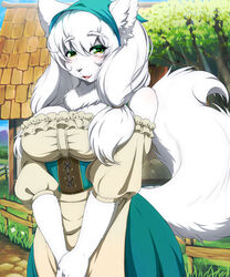  2023 5:6 68_(artist) alternative_fashion anthro big_breasts breasts canid canine classic_lolita clothed clothing corset country_lolita dress eyebrow_through_hair eyebrows female fluffy fluffy_tail frilly frilly_clothing fully_clothed fur green_eyes hair half-closed_eyes headscarf inner_ear_fluff j-fashion kemono lingerie lolita_(fashion) looking_at_viewer mammal medieval narrowed_eyes neck_tuft open_mouth open_smile outside raised_eyebrows smile solo tail topwear translucent translucent_hair tuft white_body white_fur white_hair 