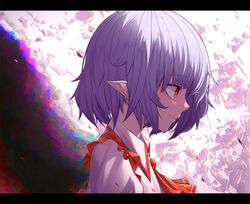  ascot closed_mouth commentary female ju-ok letterboxed looking_away no_headwear photoshop_(medium) pointy_ears profile purple_hair red_ascot red_eyes remilia_scarlet short_hair smile solo touhou upper_body 