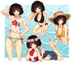  arm_behind_head bad_id bad_twitter_id ball beachball bikini black_bikini blush breasts brown_hair cleavage crop_top cropped_torso emi_star english_commentary female hat kawakami_sadayo leaning_forward looking_to_the_side looking_up lying medium_breasts midriff multiple_views navel on_stomach orange_bikini parted_lips persona persona_5 pose shirt short_hair sitting smile standing straw_hat swimsuit t-shirt tied_shirt water white_shirt 