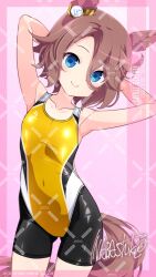  adversarial_noise animal_ears artist_name bike_shorts blue_eyes breasts brown_hair character_name competition_swimsuit cowboy_shot female hair_between_eyes highres horse_ears horse_girl horse_tail inaba_shiki looking_at_viewer multicolored_swimsuit narita_taishin_(umamusume) one-piece_swimsuit short_hair small_breasts solo swimsuit swimsuit_over_clothes tail umamusume watermark watermark_grid yellow_one-piece_swimsuit 
