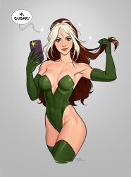  artist_name breasts brown_hair cellphone closed_mouth covered_navel cropped_legs english_text female green_eyes grey_background highres holding holding_phone long_hair looking_at_viewer marvel medium_breasts multicolored_hair olena_minko patreon_username phone rogue_(x-men) simple_background smartphone smile solo sparkle speech_bubble superhero_costume two-tone_hair web_address white_hair x-men 