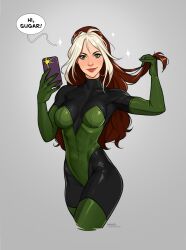  artist_name breasts brown_hair cellphone closed_mouth covered_navel cropped_legs english_text female green_eyes grey_background highres holding holding_phone long_hair looking_at_viewer marvel medium_breasts multicolored_hair olena_minko patreon_username phone rogue_(x-men) simple_background smartphone smile solo sparkle speech_bubble superhero_costume two-tone_hair web_address white_hair x-men 