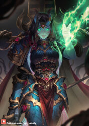  adeptus_astartes armor breastplate breasts chaos_space_marine demon_horns female glowing glowing_eyes highres holding holding_staff holding_weapon horns large_breasts looking_at_viewer magic pauldrons power_armor sgt_lonely shoulder_armor smile solo staff thousand_sons warhammer_40k weapon 