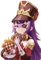  absurdres bare_shoulders breasts brown_hat cheeeese_tara5 chevreuse_(genshin_impact) colored_eyepatch commentary_request crossed_bangs detached_sleeves donut dress eating elbow_gloves eyepatch female food food_on_face french_fries genshin_impact gloves gold_trim grey_hair hair_between_eyes hair_ornament hat highres holding holding_food long_hair long_sleeves multicolored_hair puffy_long_sleeves puffy_sleeves purple_eyes purple_hair red_dress shako_cap sideboob sidelocks sleeveless sleeveless_dress small_breasts solo star_(symbol) star_hair_ornament streaked_hair two-tone_hair upper_body white_background white_gloves 