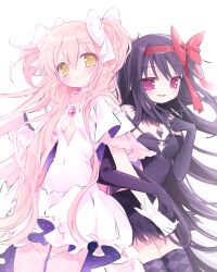  2girls akemi_homura akuma_homura argyle_clothes argyle_thighhighs black_dress black_gloves black_hair bow breasts cleavage_cutout clothing_cutout cowboy_shot dress elbow_gloves gloves hair_ribbon hairbow highres kaname_madoka locked_arms long_hair looking_at_viewer mahou_shoujo_madoka_magica mahou_shoujo_madoka_magica_(anime) mipi_(u3u_00) multiple_girls pink_hair pink_thighhighs purple_eyes red_ribbon ribbon simple_background small_breasts smile thighhighs two_side_up ultimate_madoka very_long_hair white_background white_bow white_dress yellow_eyes 