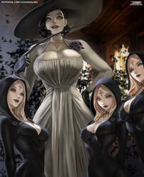  4girls alcina_dimitrescu bela_(resident_evil) big_breasts black_hair black_lipstick blonde_hair breasts busty capcom cassandra_(resident_evil) choker cleavage clothed clothing corsage daniela_(resident_evil) daughter dress earrings female female_only forehead_mark fully_clothed giantess gloves glowing_eyes hat highres hood hourglass_figure izhardraws jewelry large_breasts large_hat larger_female long_nails looking_at_viewer mature mature_female milf mother mother_and_daughter mutant necklace pale-skinned_female pale_skin pose realistic red_lipstick resident_evil resident_evil_8:_village sharp_nails shorter_female size_difference smaller_female smile smiling_at_viewer tall_female taller_girl vampire wide_hips yellow_eyes 