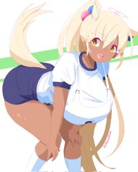  alternate_costume animal_ears bent_over blue_shorts breasts dark-skinned_female dark_skin erikuukun female hair_ornament hands_on_own_legs highres hololive hololive_english horse_ears horse_girl horse_tail large_breasts limiter_(tsukumo_sana) looking_at_viewer open_mouth planet_hair_ornament ponytail shirt shorts smile socks solo tail teeth tsukumo_sana upper_teeth_only virtual_youtuber white_shirt white_socks yellow_eyes 
