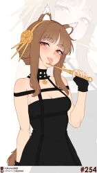  absurdres animal_ear_fluff animal_ears blunt_bangs blush breasts brown_hair commentary english_commentary female highres holo likunea long_hair looking_at_viewer oerba_yun_fang patreon_logo patreon_username red_eyes sidelocks simple_background small_breasts solo solo_focus spice_and_wolf spy_x_family tail twitter_username twitter_x_logo wolf_ears wolf_girl wolf_tail yor_briar zoom_layer 