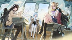  3girls black_choker black_hair black_skirt blonde_hair blue_necktie book bow bowtie brown_cardigan brown_jacket cardigan chisa_(wuthering_waves) choker closed_mouth comiket_107 commentary crossed_legs desk english_commentary grey_hair hair_ribbon hairband halo headphones headphones_around_neck highres holding holding_book jacket long_hair long_sleeves looking_at_viewer lynae_(wuthering_waves) mornye_(wuthering_waves) multiple_girls necktie off_shoulder official_alternate_costume on_desk purple_bow purple_bowtie red_eyes red_ribbon ribbon sailor_collar school_desk shirt sitting skirt snobel tacet_mark_(wuthering_waves) white_hairband white_sailor_collar white_shirt wuthering_waves 