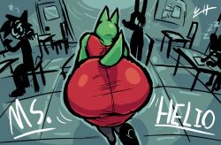  ambiguous_gender ambiguous_species anthro ass background_character bent_over big_butt biscotti5000 bouncing_butt canid canine classroom clothing doorway dress english_text female footwear fox furgonomics green_body helio_(biscotti5000) hi_res high_heels huge_butt legwear mammal nervous pantyhose perspective rear_view red_clothing school school_desk shoes sleeping tail teacher text tight_clothing 