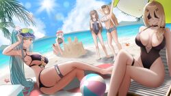 4girls absurdres all_fours andoris_(girls'_frontline_2) arms_behind_back ass beach bent_over bikini bikini_bottom_under_shorts bikini_under_clothes black_bikini blindfold blue_hair blush breasts breasts_apart brown_hair cross-laced_bikini cross-laced_clothes day diving_mask diving_mask_on_head facepaint flower full_body g11_(girls'_frontline) girls'_frontline girls'_frontline_2:_exilium goggles goggles_on_head green_eyes hair_between_eyes hair_flower hair_ornament hand_up highleg highleg_one-piece_swimsuit highres hk416_(girls'_frontline) klukai_(cerulean_breaker)_(girls'_frontline_2) klukai_(girls'_frontline_2) kneeling large_breasts legs lenna_(girls'_frontline_2) leva_(girls'_frontline_2) long_hair lying mechty_(girls'_frontline_2) medium_breasts medium_hair micro_shorts mismatched_bikini multiple_girls ocean on_side one-piece_swimsuit onion_fried20 outdoors ponytail sand_castle sand_sculpture shorts sitting small_breasts standing swimsuit teardrop thigh_strap thighs twintails ump45_(girls'_frontline) ump9_(girls'_frontline) very_long_hair visor_cap white_bikini white_hair 