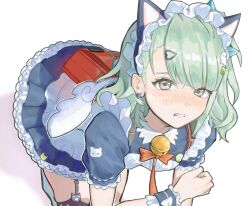  bell bent_over black_dress blush dress earrings female frilled_dress frilled_sleeves frills garter_straps ghost_hair_ornament green_eyes green_hair hair_ornament hashtag-only_commentary heart heart_earrings heart_hair_ornament highres jewelry lo_ve243 looking_at_viewer maid maid_headdress multiple_hair_clips neck_bell official_alternate_costume parted_lips red_bag simple_background solo sunna_(afternoon_tea_break)_(zenless_zone_zero) sunna_(zenless_zone_zero) white_background white_wings winged_bag wings zenless_zone_zero 