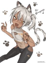  1boy :d animal_ear_fluff animal_ears artist_name bare_arms bare_shoulders bent_over black_hair black_nails black_pants blush bulge clothing_cutout commentary commission commissioner_name cropped_shirt dark-skinned_male dark_skin double_w english_commentary grey_hair highres hip_vent multicolored_hair navel oerba_yun_fang open_mouth orange_eyes original pants paw_print paw_print_background shirt side_ponytail simple_background skin_fang sleeveless sleeveless_shirt smile solo stomach streaked_hair tail tiger_boy tiger_ears tiger_tail trap turtleneck turtleneck_shirt twitter_username two-tone_hair w white_background xcider 