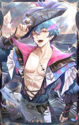  1boy absurdres arm_up blue_hair blue_shirt brant_(wuthering_waves) collarbone commentary_request hair_between_eyes hat highres male_focus maoy123 open_clothes open_mouth open_shirt pants purple_eyes shirt short_hair solo tacet_mark_(wuthering_waves) tricorne white_pants wuthering_waves 