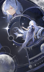  absurdres breasts chinese_commentary colored_extremities colored_eyelashes commentary_request dress earrings female floating full_body hair_over_one_eye halo highres jewelry long_hair mornye_(wuthering_waves) red_eyes sky solo space star_(sky) starry_sky very_long_hair white_eyelashes white_hair wuthering_waves yanjing_wei_mi_yanshen_mili 