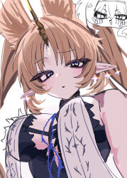  absurdres aegyo_sal alternate_hairstyle animal_ears backlighting bare_shoulders blonde_hair blue_eyes breast_curtains breasts brown_horns cameo closed_mouth commentary_request dos_dos121 extra_ears facial_mark female fleurdelys_(wuthering_waves) flipped_sidelocks forehead_mark from_below highres horns kemonomimi_mode large_breasts long_hair looking_at_viewer lupa_(wuthering_waves) middle_part parted_bangs pointy_ears raised_eyebrow simple_background single_horn sleeveless solo_focus stole tacet_mark_(wuthering_waves) thorns unicorn_horn upper_body white_background wuthering_waves 