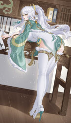  bent_over boots braid breasts chinese_commentary commentary_request earrings female fingernails from_behind genshin_impact grey_hair high_heel_boots high_heels highres holding indoors jewelry large_breasts long_hair looking_at_viewer looking_back multicolored_hair nail_polish paid_reward_available parted_lips sidelocks solo streaked_hair thigh_boots white_boots wu_ganlan_cai yellow_eyes yellow_nails zibai_(genshin_impact) 