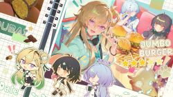  3girls abby_(wuthering_waves) absurdres black_hair black_nails blonde_hair blush_stickers burger chibi chibi_inset commentary_request earrings female_rover_(perpetual_spark)_(wuthering_waves) female_rover_(wuthering_waves) fingernails food grey_hair hand_up headphones headphones_around_neck highres jewelry long_hair looking_at_viewer lynae_(wuthering_waves) mornye_(wuthering_waves) multiple_girls nail_polish open_mouth purple_eyes rover_(wuthering_waves) shotgunman smile star_(symbol) star_earrings v wuthering_waves yellow_eyes 