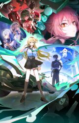  4boys 4girls abby_(wuthering_waves) absurdres aemeath_(wuthering_waves) bandage_over_one_eye black_jacket black_skirt blonde_hair blue_sky breasts commentary cristoforo_(wuthering_waves) day earrings english_commentary grey_hair highres jacket jewelry long_hair luuk_herssen_(wuthering_waves) lynae_(wuthering_waves) male_rover_(wuthering_waves) medium_breasts mornye_(wuthering_waves) motor_vehicle motorcycle multiple_boys multiple_girls nimiru_namire phrolova_(wuthering_waves) purple_eyes rover_(wuthering_waves) scar_(wuthering_waves) shirt skirt sky split_theme star_(symbol) star_earrings white_shirt wuthering_waves 