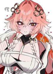  ? absurdres bare_shoulders black_collar blush body_markings braid breasts changli_(wuthering_waves) cleavage closed_mouth collar colored_extremities commentary_request dos_dos121 female hair_between_eyes hair_extensions hair_intakes hair_ornament hands_up heart highres huge_breasts long_hair looking_at_viewer multicolored_hair orange_eyes pink_hair red_hands ring_hair_extensions simple_background smile solo sweatdrop tacet_mark_(wuthering_waves) twin_braids two-tone_hair upper_body white_background white_hair wuthering_waves 