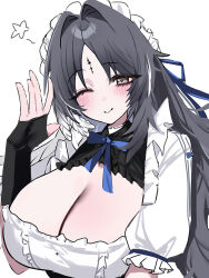  absurdres alternate_breast_size_(larger) alternate_costume black_hair blush breasts cleavage closed_mouth commentary_request dos_dos121 enmaided feather_hair female frills hair_intakes hand_up highres huge_breasts long_hair looking_at_viewer maid maid_headdress mole mole_under_eye multicolored_hair official_alternate_costume one_eye_closed parted_bangs simple_background smile solo star_(symbol) streaked_hair tacet_mark_(wuthering_waves) upper_body waving white_background wuthering_waves yangyang_(wuthering_waves) 