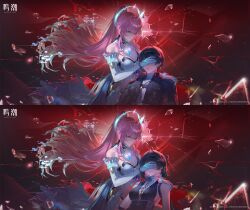  1boy 2girls absurdres aemeath_(wuthering_waves) bare_shoulders black_dress black_hair black_jacket breasts chinese_commentary cleavage commentary_request covering_another's_eyes cross-laced_clothes cross-laced_dress dress elbow_gloves female_rover_(wuthering_waves) glass_shards glitch gloves highres jacket logo long_hair looking_at_another lossy-lossless male_rover_(wuthering_waves) medium_breasts multiple_girls official_art pink_hair ponytail rover_(wuthering_waves) sleeveless sleeveless_dress tacet_mark_(wuthering_waves) white_gloves wuthering_waves 