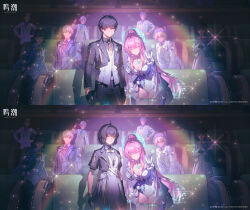  1boy 2girls absurdres aemeath_(wuthering_waves) black_hair black_jacket black_pants breasts chinese_commentary cleavage closed_eyes commentary_request dress elbow_gloves facing_viewer female_rover_(perpetual_spark)_(wuthering_waves) female_rover_(wuthering_waves) glitch gloves grin hair_ornament highres indoors jacket leotard logo long_hair looking_at_viewer male_rover_(perpetual_spark)_(wuthering_waves) male_rover_(wuthering_waves) medium_breasts multiple_girls official_art pants people pink_hair ponytail rover_(wuthering_waves) smile strapless strapless_leotard tacet_mark_(wuthering_waves) thighs v white_dress white_gloves white_leotard wuthering_waves 