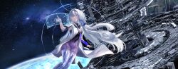  breasts colored_eyelashes commentary dress female grey_hair hair_over_one_eye halo highres holographic_interface jacket long_hair medium_breasts mornye_(wuthering_waves) moyudai planet purple_dress red_eyes see-through_body sky solo space split_theme star_(sky) starry_sky white_jacket wuthering_waves 