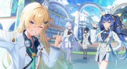  4girls absurdres alternate_costume black_hair black_nails blonde_hair blue_eyes blue_hair blue_sky chisa_(wuthering_waves) commentary day dress earrings english_commentary fingernails green_necktie grin hand_up headphones headphones_around_neck highres holding iuno_(wuthering_waves) jacket jewelry laurel_crown looking_at_viewer lynae_(wuthering_waves) mornye_(wuthering_waves) multicolored_hair multiple_girls nail_polish necktie one_eye_closed outdoors poori purple_eyes selfie sky smile star_(symbol) star_earrings streaked_hair twintails v white_dress white_jacket wuthering_waves 