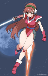  absurdres altiana artist_name breasts brown_eyes brown_hair commentary energy_sword fire floating gloves green_hairband hairband headgear highleg highres lightsaber long_hair medium_breasts myaooo pink_gloves pink_shoes planet shoes shoulder_blades space space_hunter sword v-shaped_eyebrows weapon 