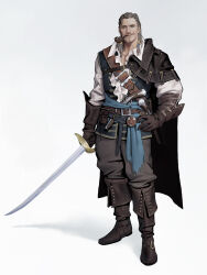  1boy belt belt_buckle belt_pouch black_boots black_cape black_pants blue_sash blue_vest boots braid brown_belt brown_gloves brown_hair buckle cape collared_shirt commentary concept_art dongho_kang english_commentary full_body gloves gradient_background grey_background grey_eyes gun hair_tie hair_tubes hand_on_own_hip handgun highres holding holding_sword holding_weapon lips long_sleeves looking_at_viewer male_focus manly medium_hair nose original pants pouch realistic sash shadow shirt simple_background smile solo standing sword twin_braids vest weapon white_shirt wing_collar 