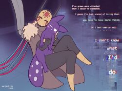  2026 2_toes 3_fingers ambiguous_gender blush clothed clothing colored dialogue digital_media_(artwork) duo english_text feet feral fingers floating fully_clothed glitch happy hug hugging_another hugging_from_behind humanoid iterator_(rain_world) machine nonbinary_(lore) purple_body rain_world robot robot_humanoid seven_red_suns_(rain_world) signature slugcat spearmaster_(rain_world) tail text toes videocult warjenkins wire yellow_body 