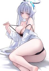  ass black_bra black_panties blue_archive blush bra breasts commentary double_strap_slip female halo highres lace-trimmed_bra lace_trim large_breasts long_hair looking_at_viewer lying mechanical_halo no_pants noa0319 noa_(blue_archive) on_side panties purple_eyes shirt shirt_partially_removed simple_background solo strap_slip underwear very_long_hair white_background white_hair white_halo white_shirt 