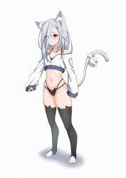  animal_ears black_nails black_panties black_thighhighs cat_ears cat_girl cat_tail commentary english_commentary female full_body grey_hair highres jacket long_hair long_sleeves nail_polish original panties red_eyes simple_background sleeves_past_wrists solo stirrup_legwear string_panties tachi-e tail thighhighs toeless_legwear underwear white_background white_jacket yinyu_(yinyu1999) 