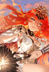  absurdres armor augusta_(wuthering_waves) breastplate closed_mouth colored_inner_hair commentary_request dress earrings evening female hair_between_eyes headgear highres holding holding_sword holding_weapon jewelry long_hair looking_at_viewer multicolored_hair orange_eyes orange_hair outdoors puckkk solo sun_earrings sword tacet_mark_(wuthering_waves) weapon white_dress wuthering_waves 
