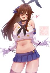  :d ;d absurdres animal_ear_hairband animal_ears bare_shoulders black_choker black_hairband black_neckerchief black_panties blue_sailor_collar blue_skirt blush breasts brown_hair choker contrapposto cosplay cowboy_shot crop_top elbow_gloves fake_animal_ears female gloves hair_between_eyes hair_ribbon hairband heart highleg highleg_panties highres large_breasts long_hair looking_at_viewer masuku_michiru microskirt midriff navel neckerchief one_eye_closed original panties panty_pull pleated_skirt rabbit_ear_hairband rabbit_ears red_eyes red_thighhighs ribbon ryncka sailor_collar shimakaze_(kancolle) shimakaze_(kancolle)_(cosplay) shirt skirt sleeveless sleeveless_shirt smile solo stomach strap_pull thighhighs underwear white_background white_gloves white_shirt wink_heart 